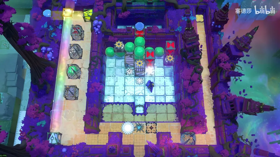 Low Beamcasters area map: a pale blue courtyard with green round stones and red blocks, a multicoloured beam along the left walkway and dark purple trees around
