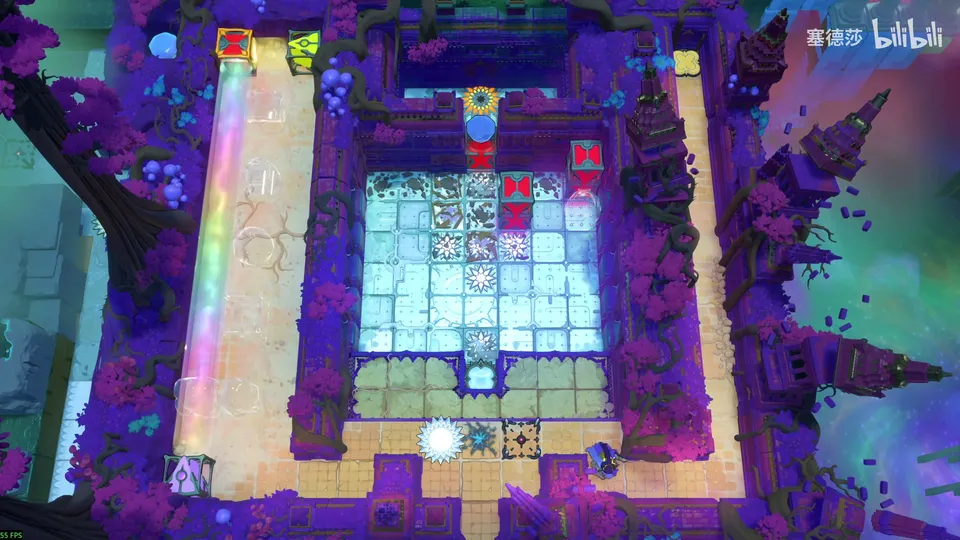 Low Beamcasters area map: the pale blue courtyard with a row of stone tiles down the middle, red blocks at the top and a multicoloured beam on the left walkway