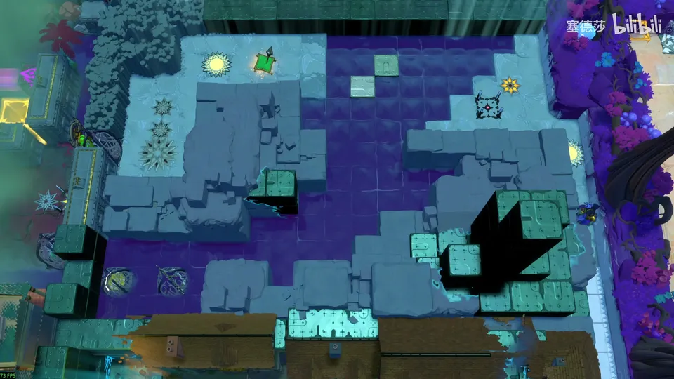 Low Beamcasters area map: a large dark blue courtyard with pale stone platforms, small teal blocks, a black arrow-shaped pit and a yellow marker at the left
