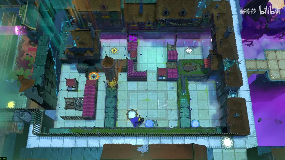 Low Beamcasters area map: a walled teal courtyard from above with red-brown wall blocks, small yellow suns and pink beam fragments, purple void to the right