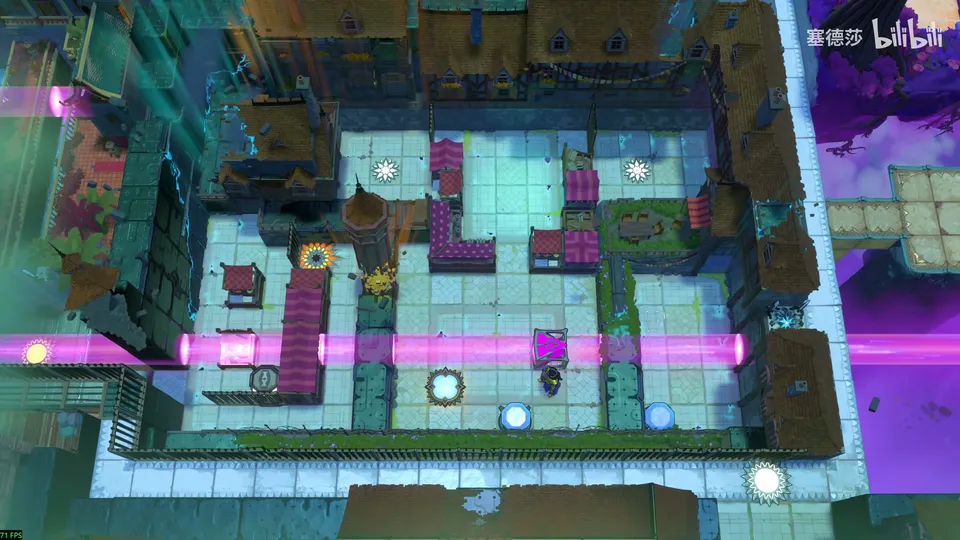 Low Beamcasters area map: the walled teal courtyard with a pink beam running across the bottom row, red-brown blocks and the Explorer