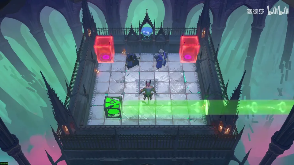 Low Beamcasters puzzle 1: a pale tiled terrace inside dark gothic railings, two red energy blocks at the top, a green emitter firing right, a goblin and two heroes