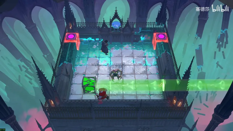 Low Beamcasters puzzle 2: the gothic terrace again with pink energy pads at the top corners, cyan fence lines, a goblin in the middle, a green emitter and the Warrior at the bottom left