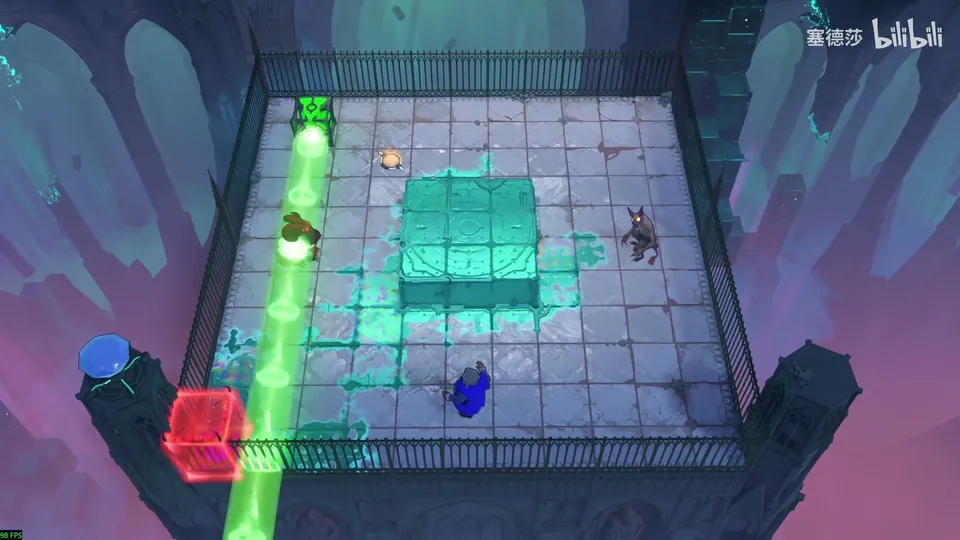 Low Beamcasters puzzle 3: a large pale tiled courtyard with a raised teal block in the middle, a green beam running down the left side from a red block, a dragon and a goblin