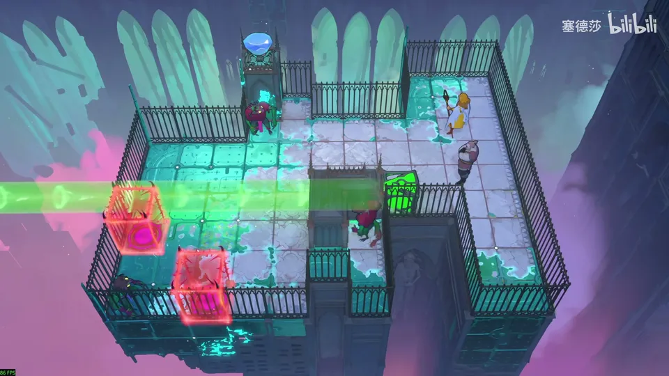 Low Beamcasters puzzle 4: an L-shaped tiled terrace with railings, two pink energy blocks on the left, a green beam crossing, goblins and heroes near the top right