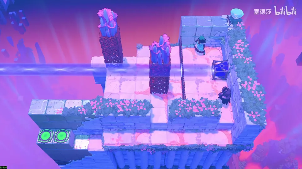 Low Beamcasters puzzle 5: a pink tiled terrace in a purple sky with two tall plants on root cages, a blue beam crossing from a blue emitter, two green buttons at the bottom left, the Sailor and the Druid