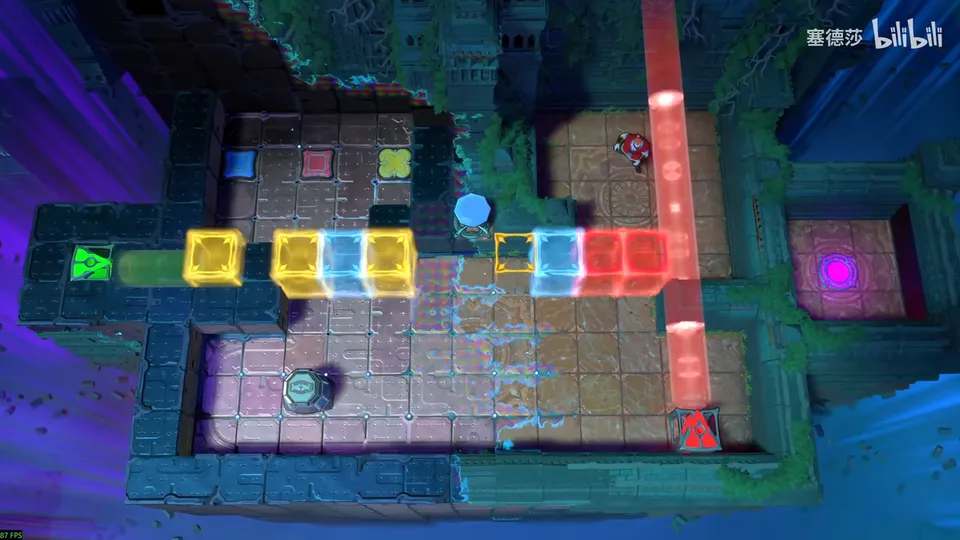 Low Beamcasters puzzle 6: a dark stone room with a row of yellow, blue and red energy doors, a green emitter on the left, a red beam running down the right side and a pink exit pad
