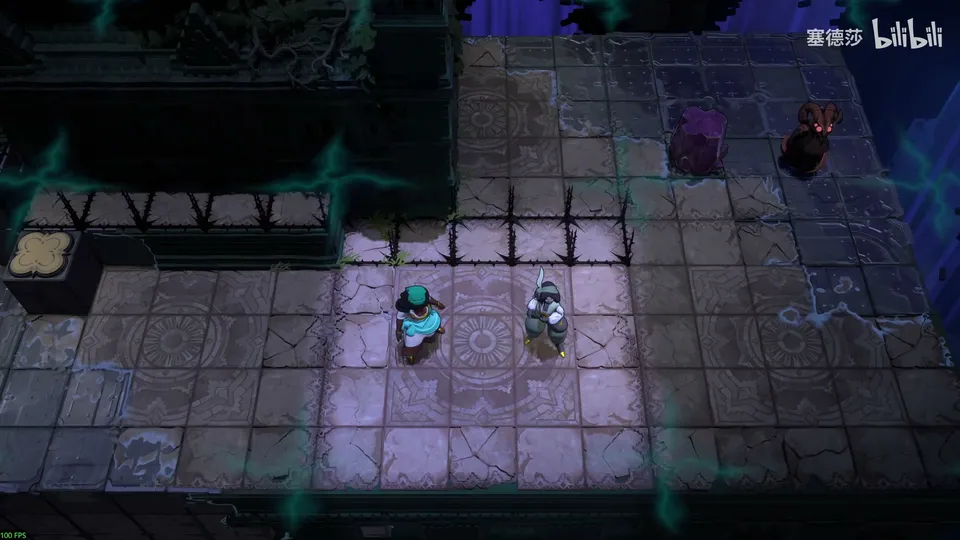 Low Beamcasters puzzle 7: a dim stone floor with a lit violet patch, two heroes in the middle, a dark ledge with a purple crystal and a red dragon above