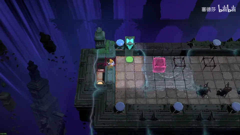 Low Beamcasters puzzle 8: a long dark stone room with a pink energy block, a cyan emitter at the top, blue posts around the edge and goblins on the right