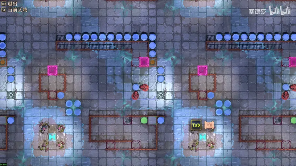 Low Beamcasters puzzle 9: a top-down view of a repeating 3×3 grid of blocks with blue posts, pink energy blocks, red fence squares, dragons and small cyan markers
