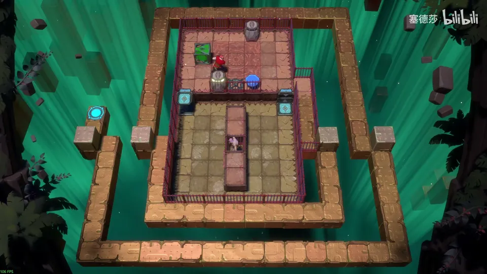 Low Beamcasters puzzle 10: a red brick room inside a square wooden walkway over a green void, a goblin, two carts, a green emitter and a cyan pad at the left