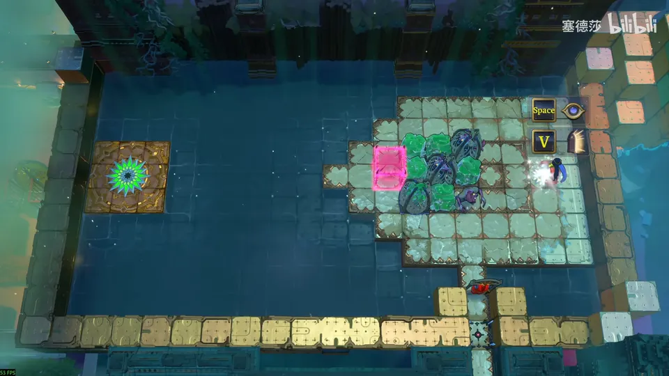 Low Beamcasters puzzle 11: a pale stone island in dark water with green lily-pad tiles, a pink energy block, a crystal and a green exit on a small square at the left
