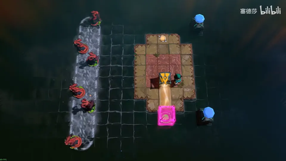 Low Beamcasters puzzle 12: dark water with a long loop of lily pads carrying red dragons on the left, a small brick platform with an orange beam, a pink energy block and the Explorer