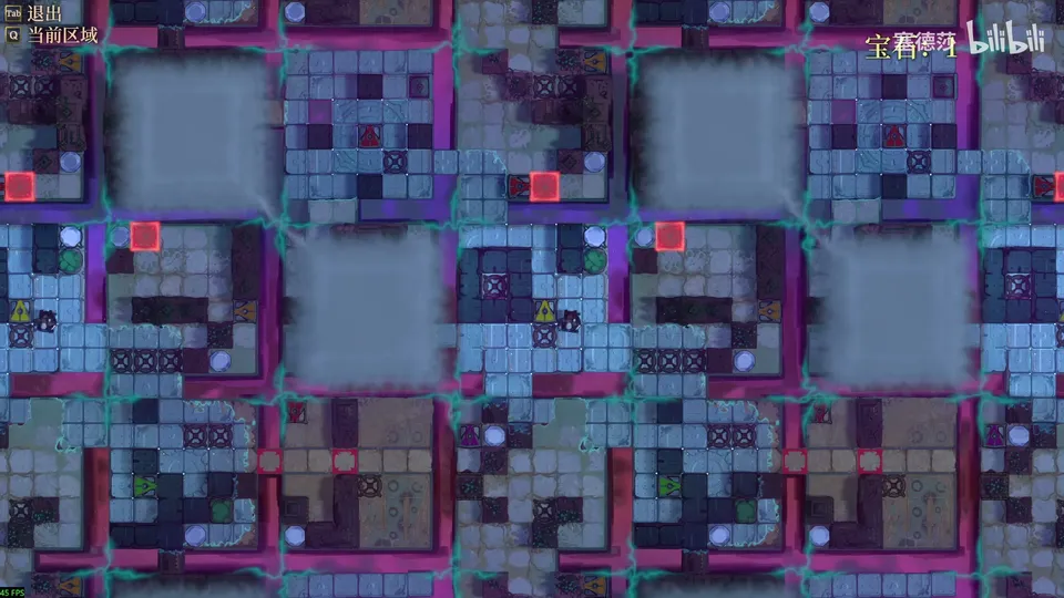 Low Beamcasters puzzle 13: a top-down map of a large blue and purple room made of repeating blocks, with red markers, small gems and dark walls