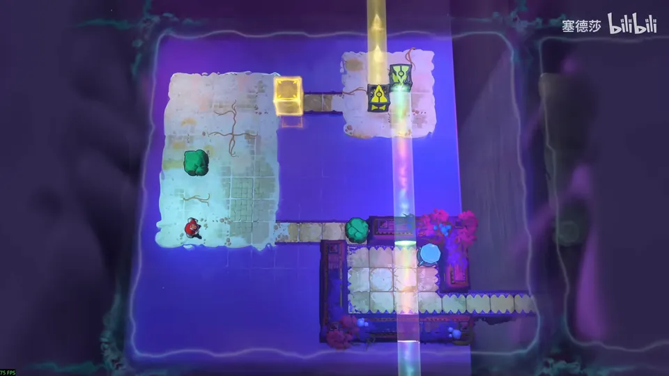 Low Beamcasters puzzle 14: a pale stone chamber floating in purple light with a yellow beam, a multicoloured beam, a green stone and a red-tiled walkway below