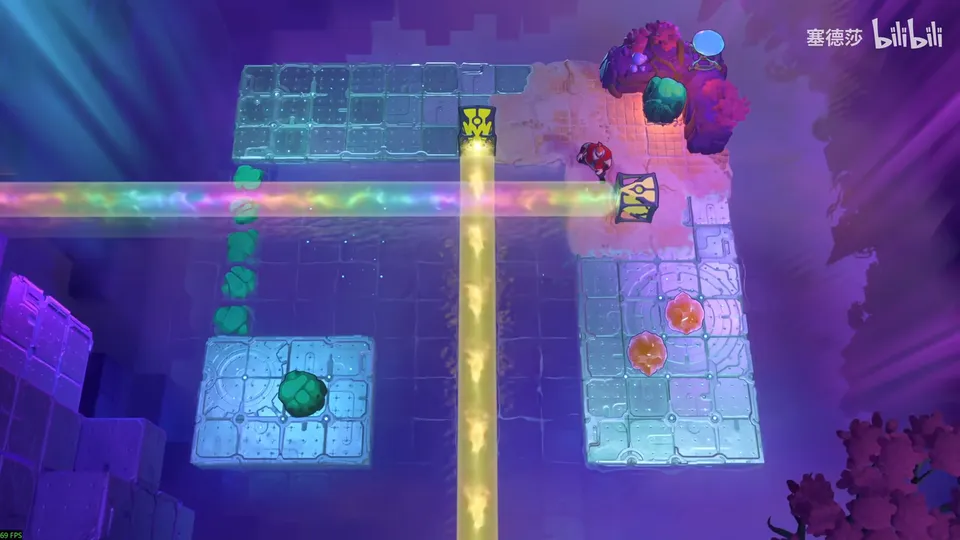 Low Beamcasters puzzle 15: a pale tiled floor over purple water with a yellow beam running down, a multicoloured beam across the top, a green stone and orange and crystal skipping stones