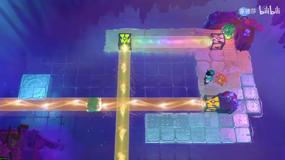 Low Beamcasters puzzle 16: purple water with pale stone platforms, an orange beam running left to right, a yellow beam crossing it, a multicoloured beam at the top right and the Sailor