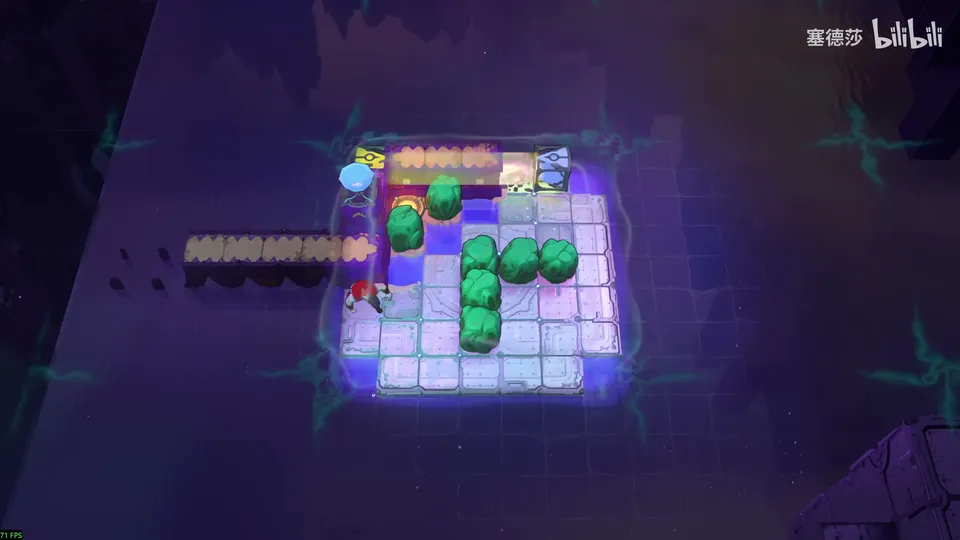 Low Beamcasters puzzle 17: a small glowing tiled platform in a dark void with green round stones, a wooden walkway on the left and blue and purple blocks