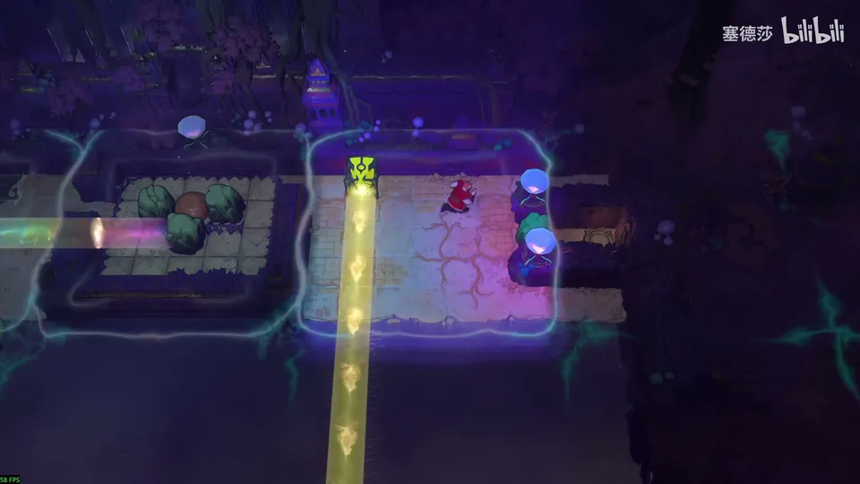 Low Beamcasters puzzle 18: three dark outlined blocks in a row, green round stones in the left one, a yellow beam running down the middle one, a multicoloured beam on the left and a lily pad
