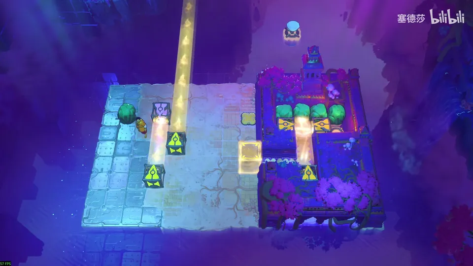 Low Beamcasters puzzle 19: a pale stone platform with a yellow beam, a raised purple block holding green stones and red cubes with orange beams, and a yellow energy outline