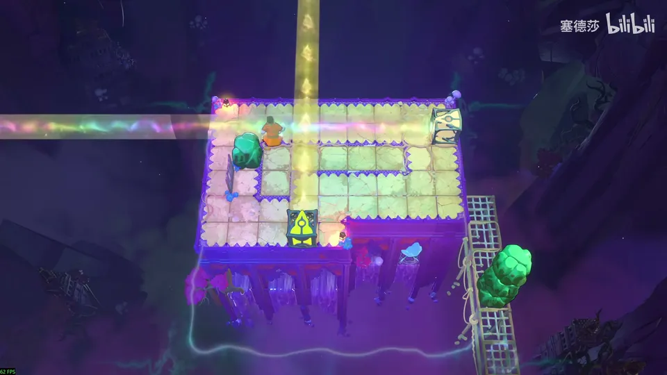Low Beamcasters puzzle 20: the top of a purple tower with pale yellow tiles, a yellow beam running down, a multicoloured beam from the left, a green stone and scaffolding on the right