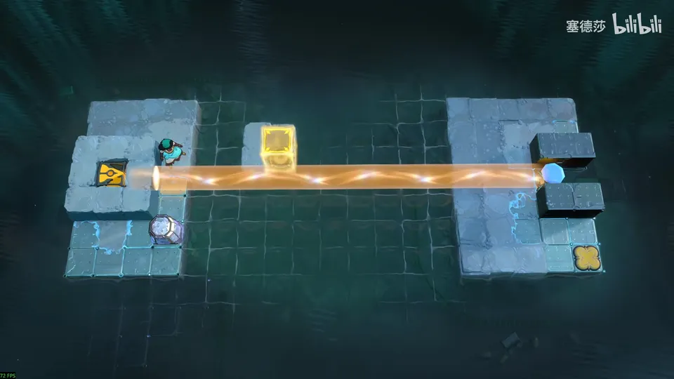 Low Beamcasters puzzle 21: two pale stone platforms in dark water joined by an orange beam, a crystal cart on the left, a yellow block in the middle and a gem on the right