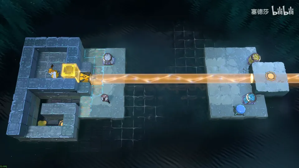 Low Beamcasters puzzle 22: a dark grey stone maze on the left, an orange beam running right across dark water to a small platform, a yellow block and heroes