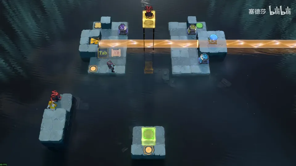 Low Beamcasters puzzle 23: small stone platforms in dark water with an orange beam, a red dragon on a pillar, carts and heroes on the platforms and a green exit block below