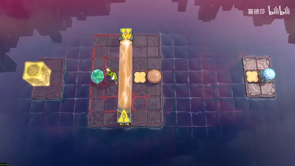 Low Beamcasters puzzle 25: misty water with a red tiled platform, a vertical orange beam, a green skipping stone, a brown stone, a yellow block on the left and a small platform on the right