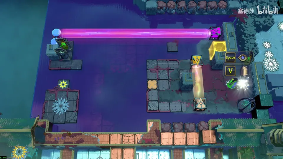 Low Beamcasters puzzle 26: a dark blue pool with a pink beam across the top, a stone platform with an orange beam on the right, a cog-shaped switch on the left and the Thief