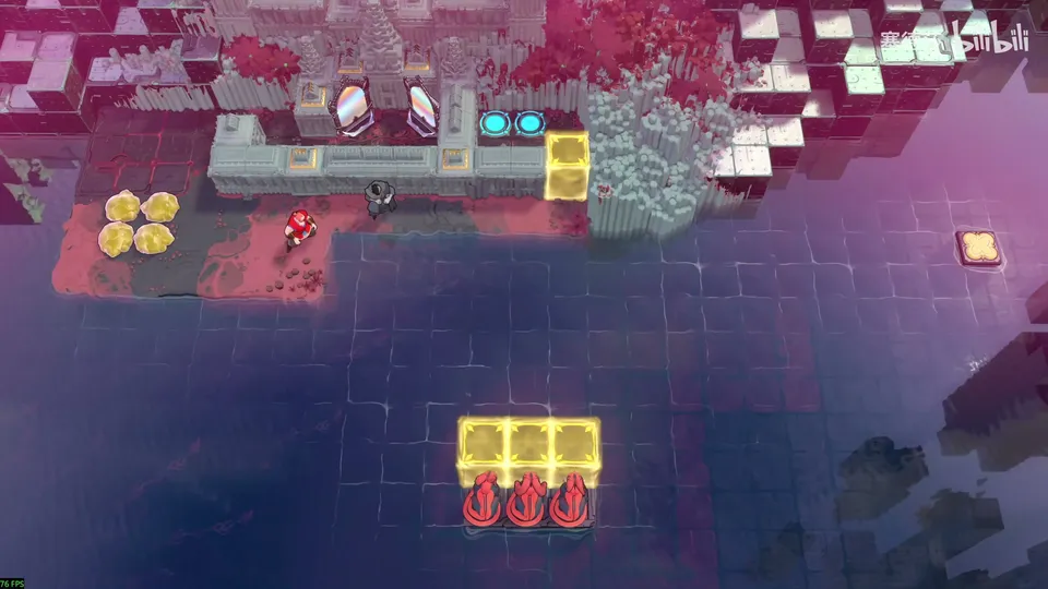 Low Beamcasters puzzle 27: pink water under red foliage, a stone walkway along the top with two cyan buttons and a yellow block, golden skipping stones on the left and three red dragons behind yellow blocks below
