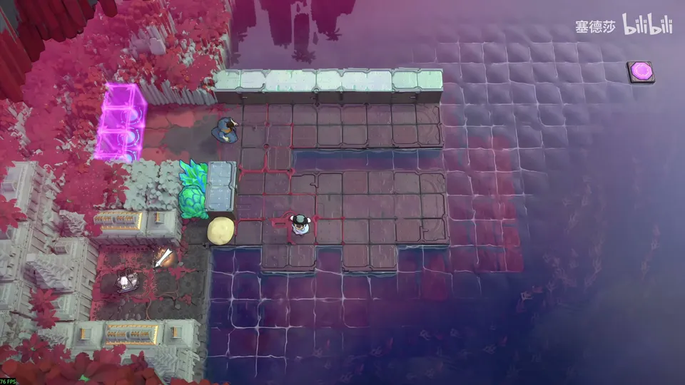 Low Beamcasters puzzle 28: a pink-lit stone floor over grid water, a tall magenta energy block on the left, a pale stone wall along the top, crystals, a yellow skipping stone and a pink button at the top right
