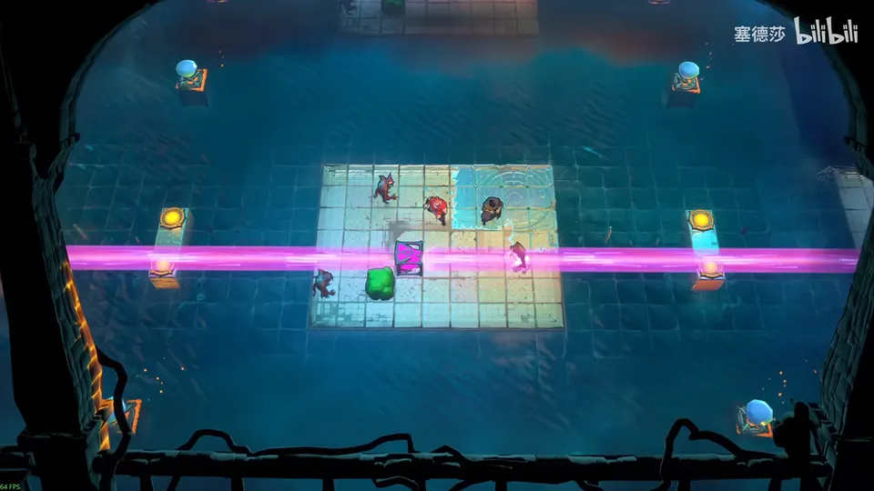 Low Beamcasters puzzle 29: dark blue water with a pale tiled island in the middle, a pink beam running across it, goblins and heroes on the island and small yellow pads on both sides