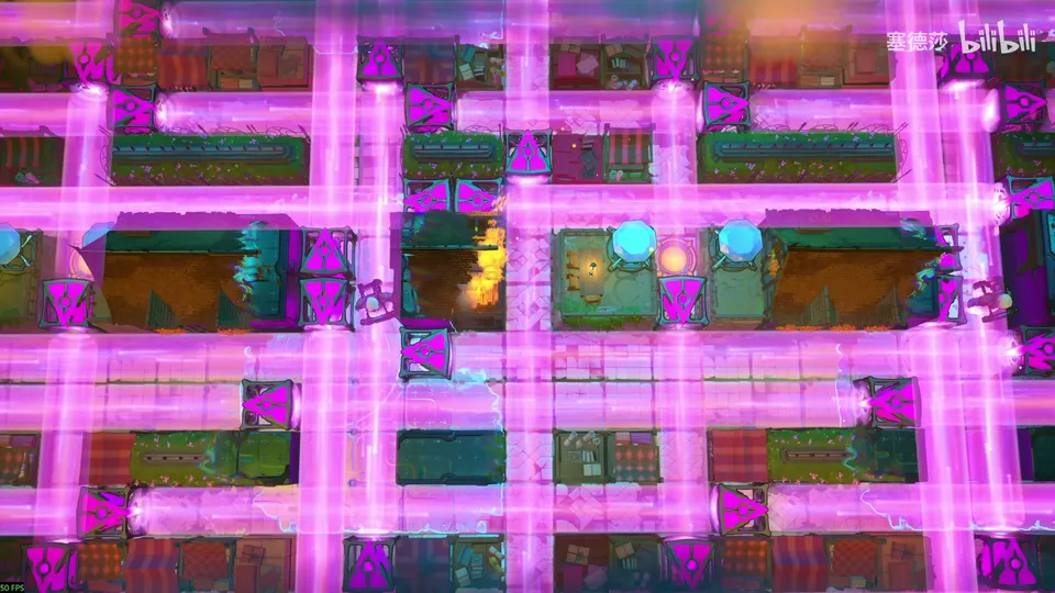 Low Beamcasters puzzle 30: a dense grid of glowing pink purple beams crossing over a dark room with purple emitters, a few platforms and blue pads