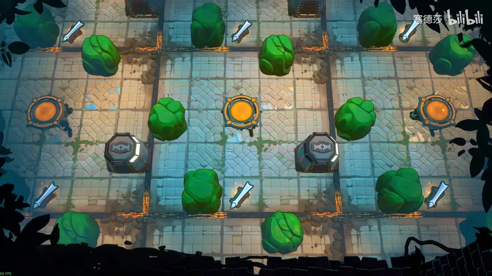 Low Beamcasters puzzle 31: a tiled room of repeating squares with green bushes, orange round pads, dark grey octagon stones and small swords on the floor