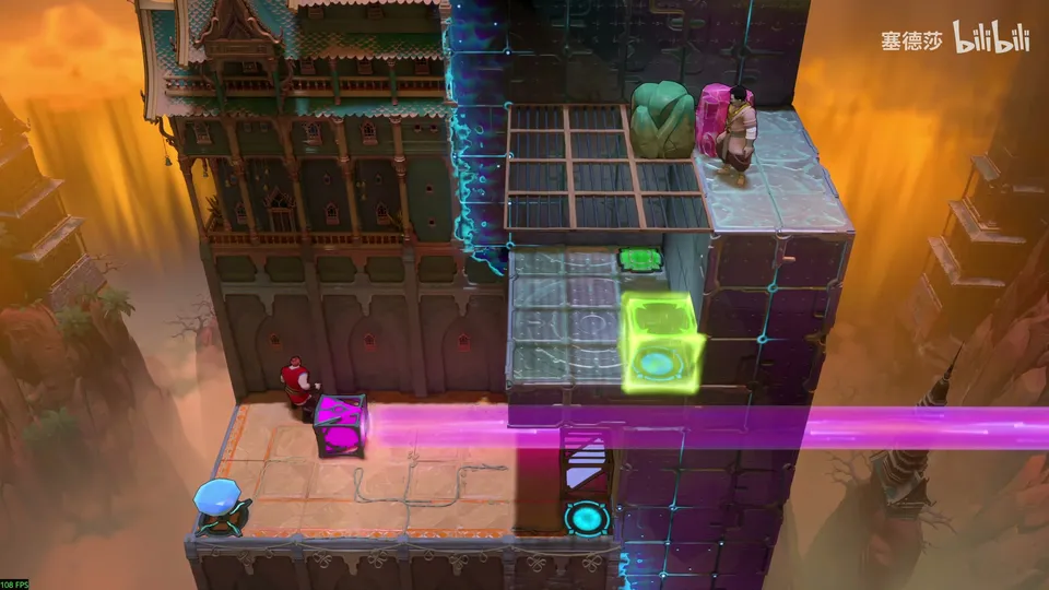 Low Beamcasters puzzle 32: a tall dark stone tower over an orange canyon, a pink beam at the bottom, a lime green energy block, a pink crystal and the Trader at the top
