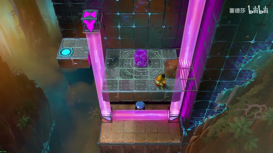 Low Beamcasters puzzle 33: a stone room on a cliff with two tall magenta beams down the sides, a purple crystal, a brown stone and the Trader on the floor