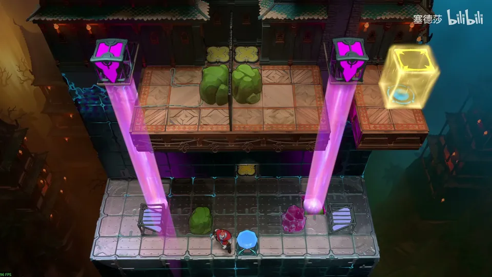Low Beamcasters puzzle 34: a brown tiled platform with two magenta emitters firing down, green bushes, a yellow energy cube on the right and a stone floor below with mirrors and a pink crystal
