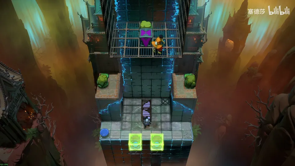 Low Beamcasters puzzle 35: a narrow tower top over a canyon with a caged ledge, the Explorer and the Trader, mirrors on the floor and two lime green energy blocks at the bottom