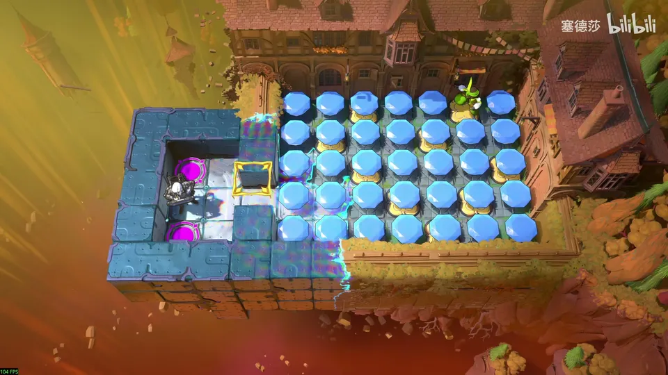Low Beamcasters puzzle 36: a grid of blue gems on buttons filling an orange-walled courtyard, a small stone room with pink pads on the left, the Thief and the Explorer