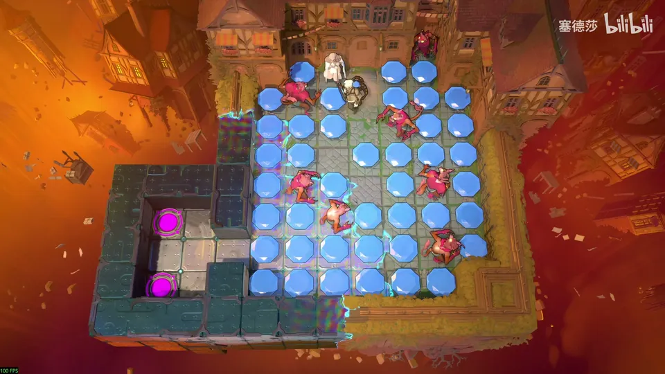 Low Beamcasters puzzle 37: an orange courtyard full of blue gems on buttons with red monsters among them, a stone room with pink pads on the left and two heroes at the top