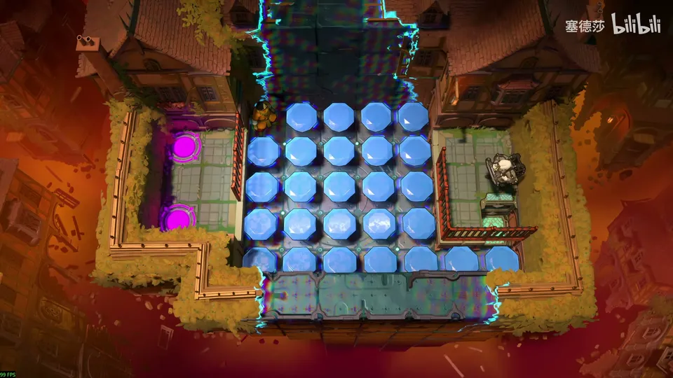Low Beamcasters puzzle 38: a block of blue gems in a courtyard edged with orange walls, pink pads on the left, an elevator shaft and the Trader on the right