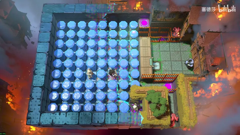 Low Beamcasters puzzle 39: a large field of blue gems on buttons in a stone frame, a raised wooden platform with a hedge on the right, pink pads and heroes
