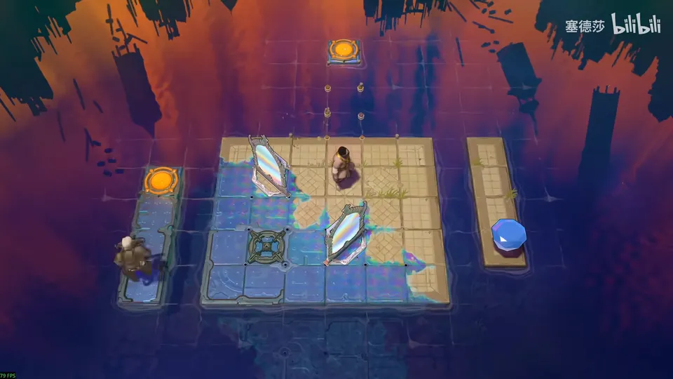 Low Beamcasters puzzle 40: a sandy tiled room over dark water with two standing mirrors, a pressure plate, orange pads, a blue gem on the right and two heroes
