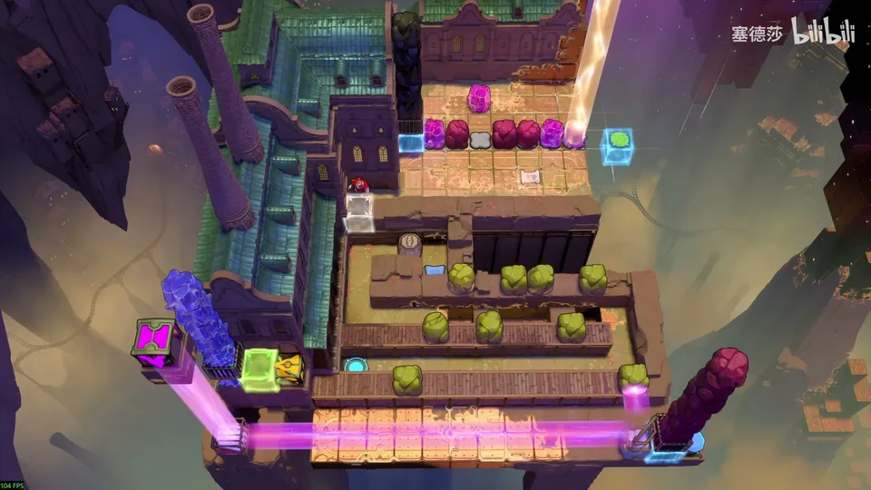 Low Beamcasters puzzle 41: a tall brown stone machine seen from above with a row of pink and green blocks at the top, a cart track, purple beams, a cyan block and a yellow block