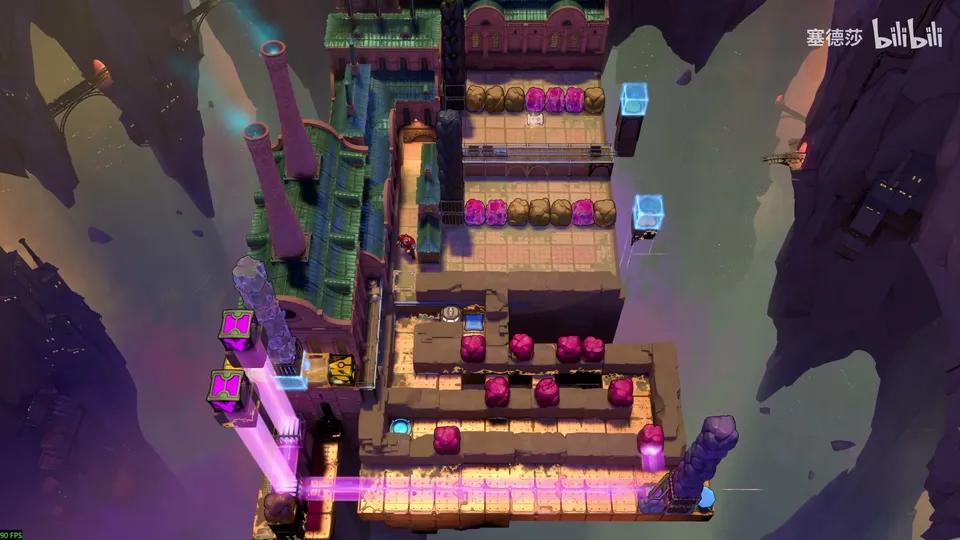 Low Beamcasters puzzle 42: the brown stone machine again with two rows of pink, red and orange blocks at the top, cyan blocks at the right and purple beams below