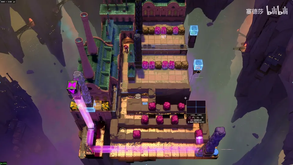 Low Beamcasters puzzle 43: the brown stone machine with rows of red and orange blocks, cyan blocks on the right and purple beams along the bottom
