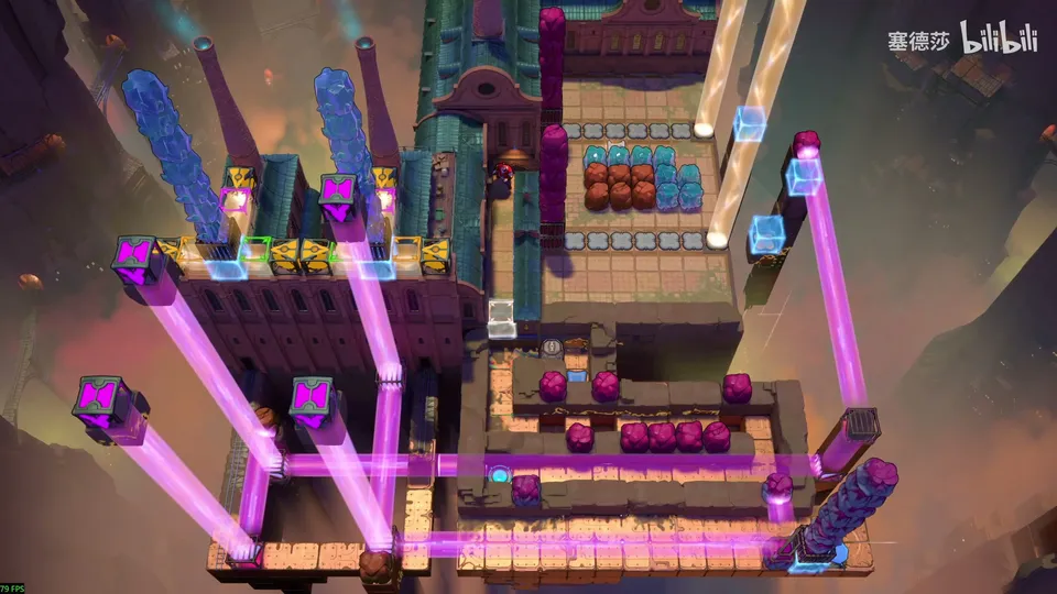 Low Beamcasters puzzle 44: a large stone machine crossed by many slanted magenta beams with purple emitters, rows of red and blue blocks at the top and a cyan block