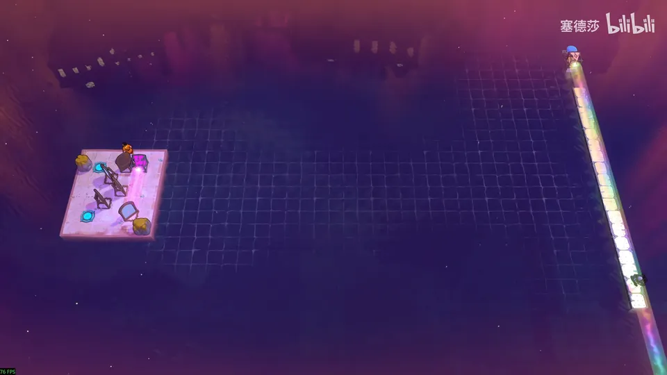 Low Beamcasters puzzle 45: a vast dark purple void with a small pink platform holding mirrors, emitters and the Explorer, and a multicoloured beam running down the right edge