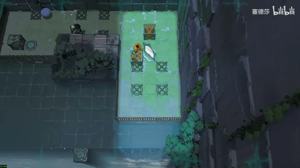 Low Beamcasters puzzle 46: a dark room with a pale green platform on a tall block, a standing mirror, X-marked tiles and a figure in orange, black water below